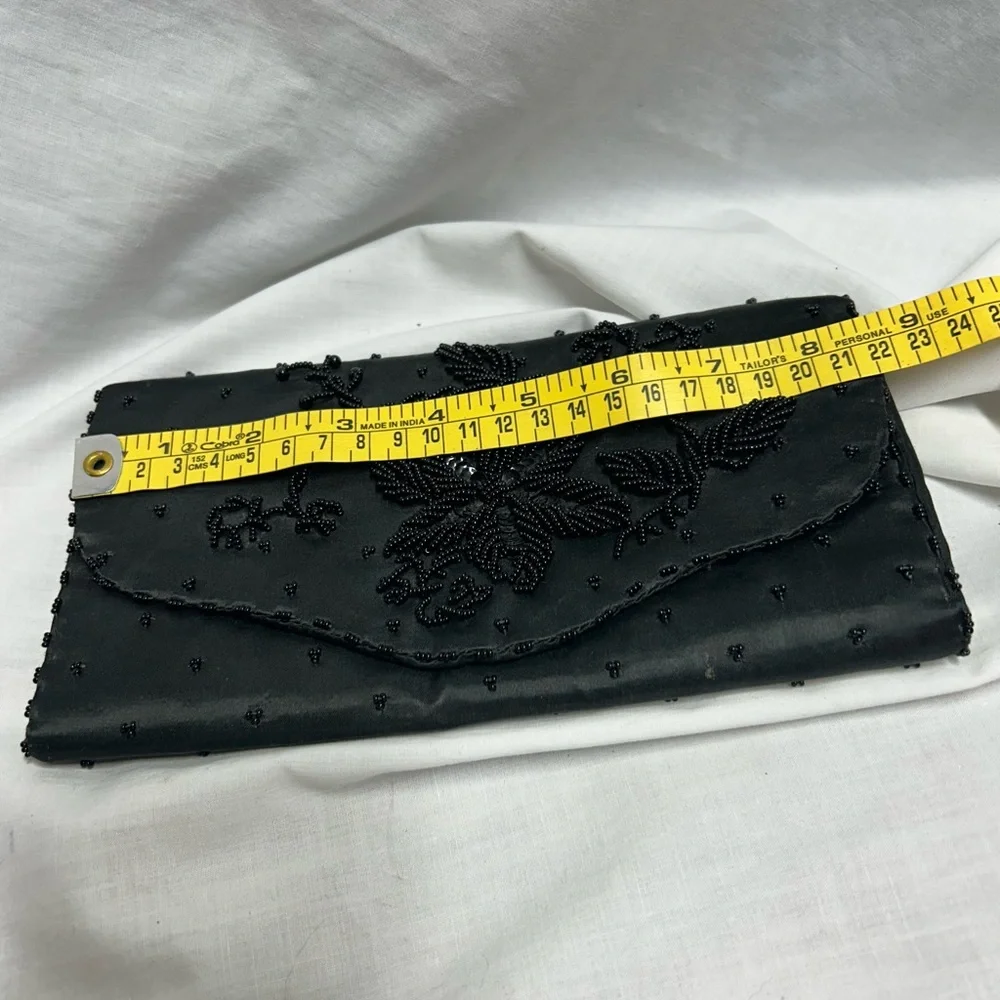 Nice Vintage Art Deco Clutch Black Beaded Sequin Satin Made In Hong Kong - Picture 8 of 9